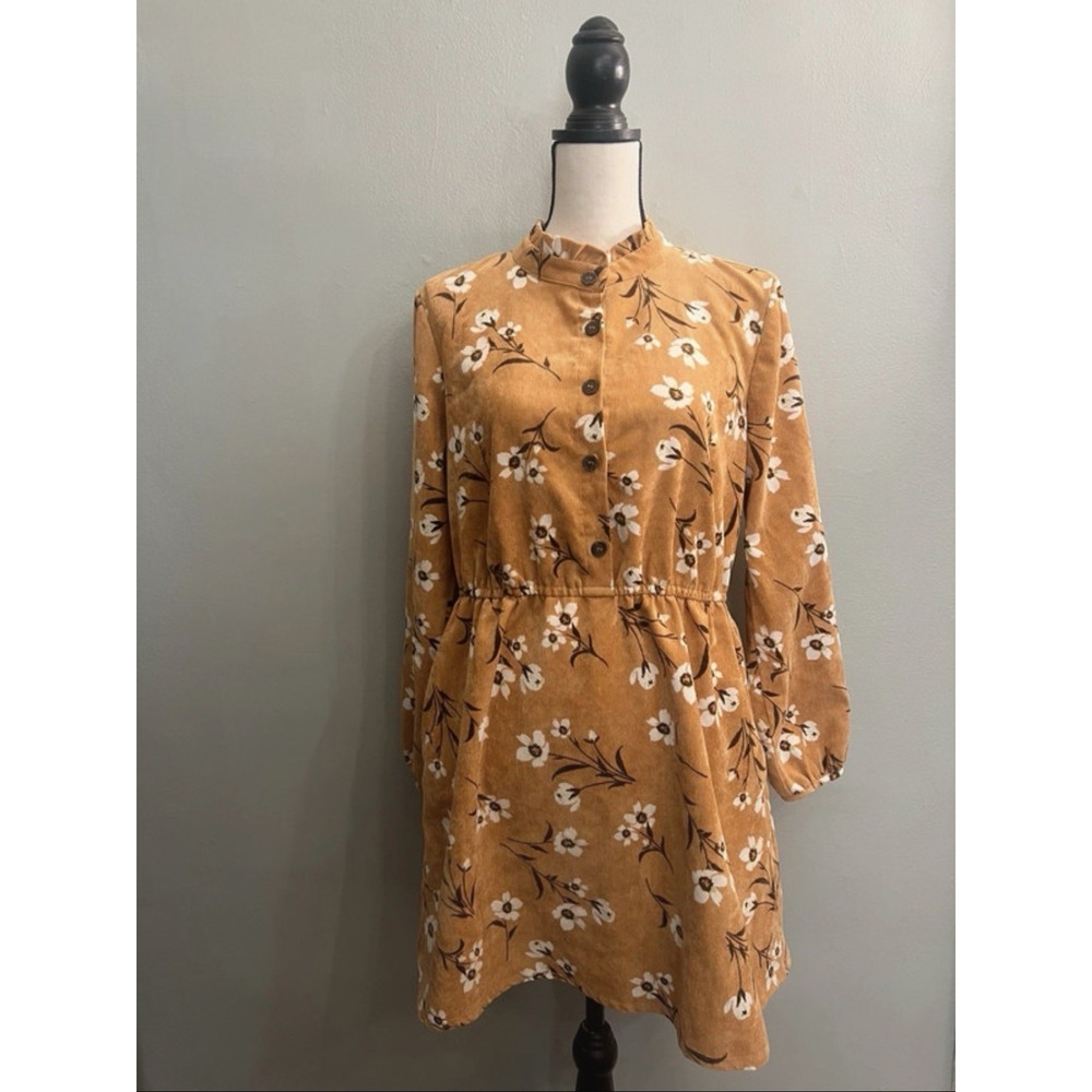 Elodie Mustard Floral Corduroy Prairie Cottagecore Boho Dress Size L